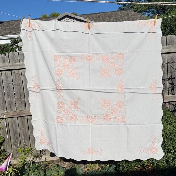 Cross Stitch Square Linen Tablecloth with Floral Design